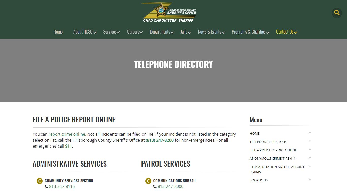 Telephone Directory | HCSO, Tampa FL